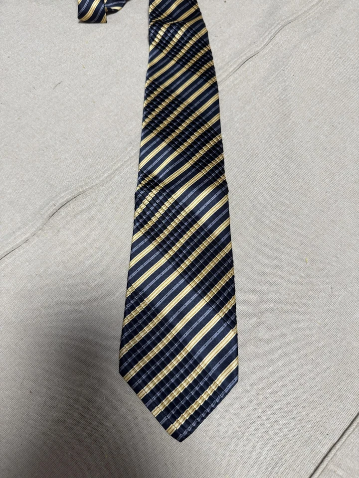 Corbata clásica Gianni Viera para hombre azul marino dorado a rayas 100 % seda hecha en Italia Foto 2 de 4