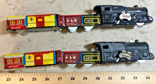 2 DIFFERENT Wind Up Lithographed Tin Channel Type Freight Trains - Both Work (C)