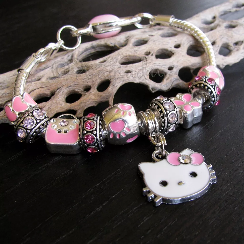 Pink Hello Kitty European Charm Bracelet With Pink Hearts And