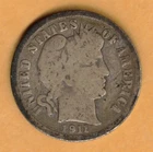 1911 D Barber Dime (US Coin) 10 Cents VG