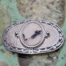 Vintage Western Belt Buckle Silver Tone Metal Agate Stone Cowboy 1970s 1980s
