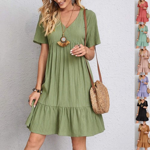 V-neck Short Sleeve Dress Summer Fashion Casual Loose Ruffled Dresses Beach Clot