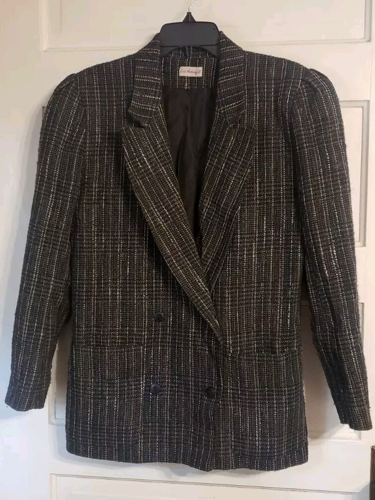 Vintage 1980s Womens Tweed Blazer Brown Lined Shoulder Pads Double Breasted