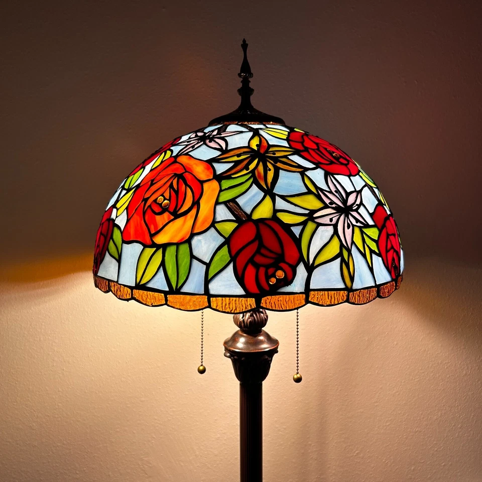 Tiffany Style Floor Lamp Blue Red Stained Glass Rose Flowers 16"W*16"D*64"H - Image 4 of 4