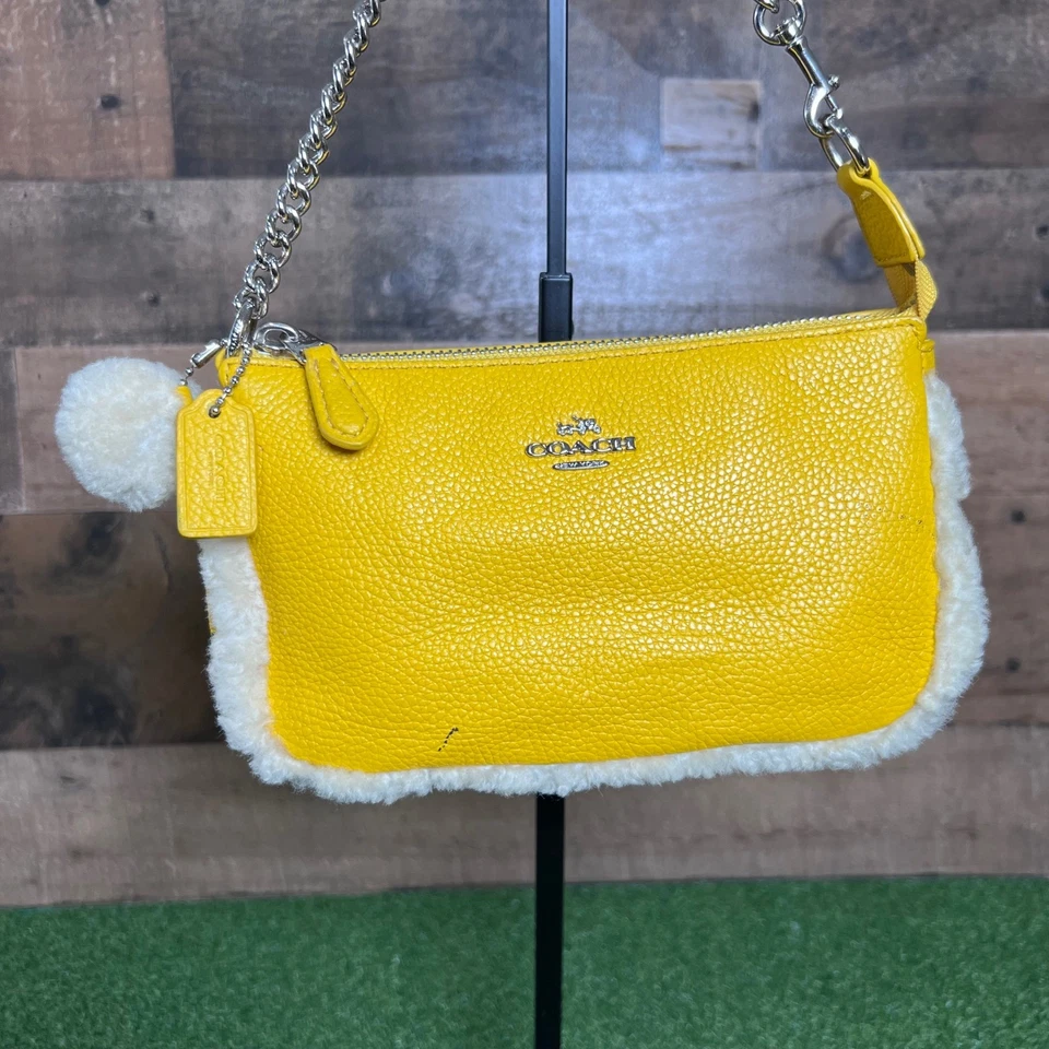Coach Yellow Leather Shearling Trim Chain Strap Baguette Shoulder Bag Womens - Image 2 of 4