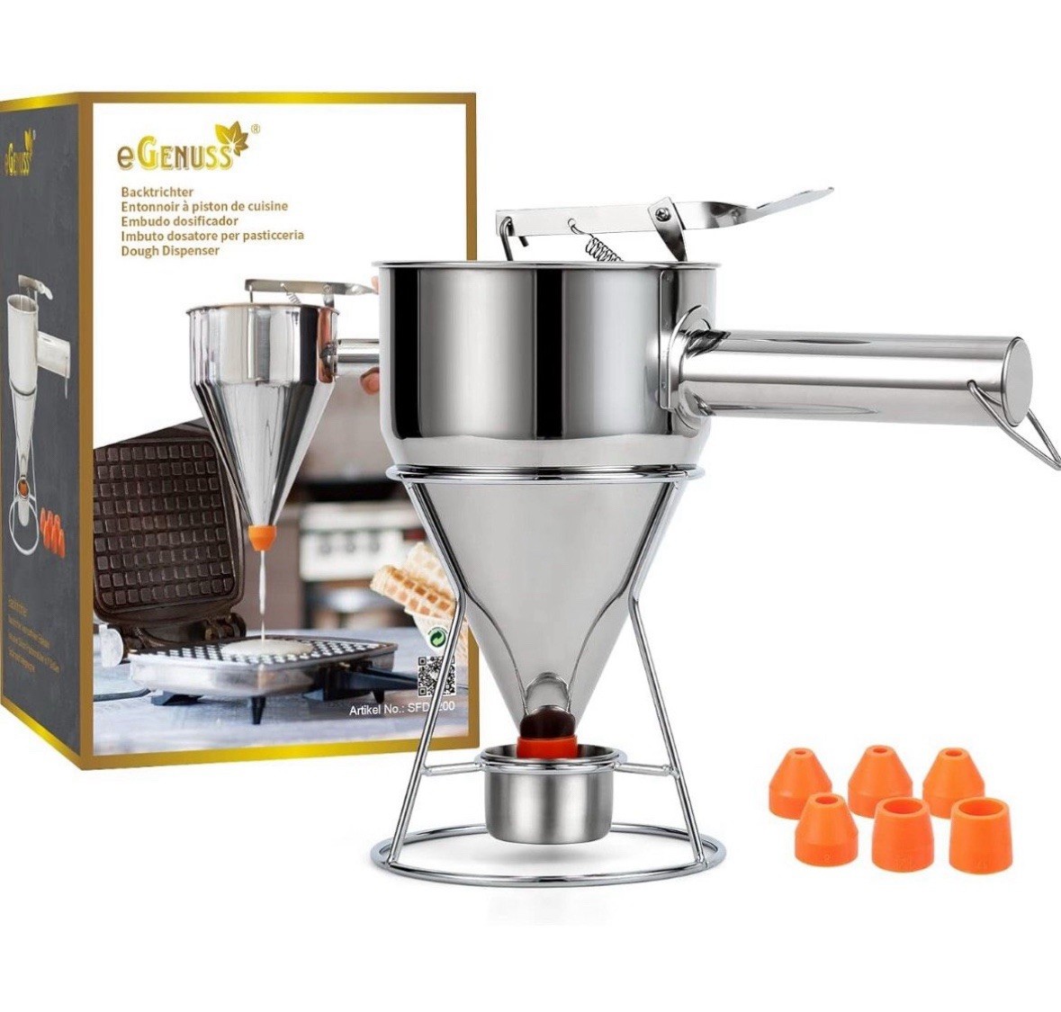 Backtrichter aus Edelstahl mit Ständer Teigportionierer Metall Pancakes Waffeln