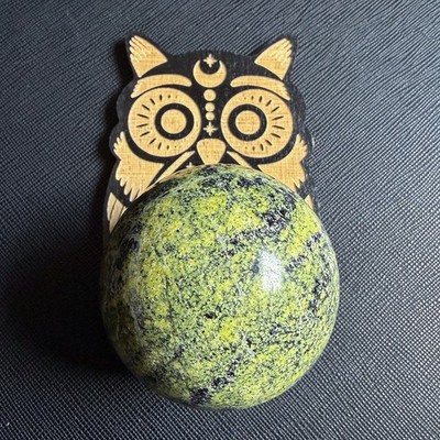 Natural Serpentine Crystal Polished Stone 1.93'' Sphere with Wooden Owl Stand