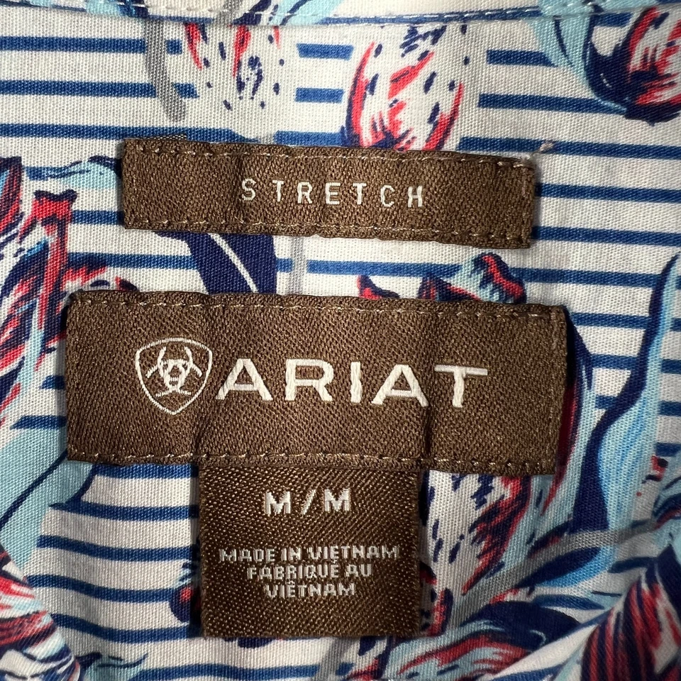 Camisa Ariat Para Hombre Mediana Blanca Azul Floral Rayas Manga Larga Elastizada Occidental Foto 2 de 4