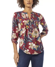 Jones New York Women's Top Sz S Floral-Print Pintuck Roll-Tab