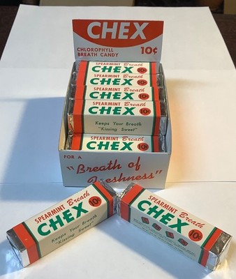 1930 s Chex Chorophyll Spearmint Breath Candy Dead Stock Advertising W/12 Pkgs