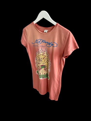 Deadstock Y2K 2000's Ed Hardy Pink Graphic Baby Tee Sz Large Tiger Rhinestones - Picture 7 of 10