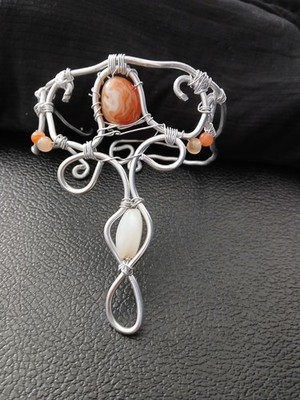 Wire Wrapped Cuff Bracelet Adjustable Agate Orange White Oval Stone Art Theme