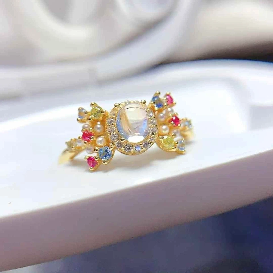 Natural Moonstone Ring Candy Colors 925 Sterling Silver Floral Jewelry - Image 3 of 4