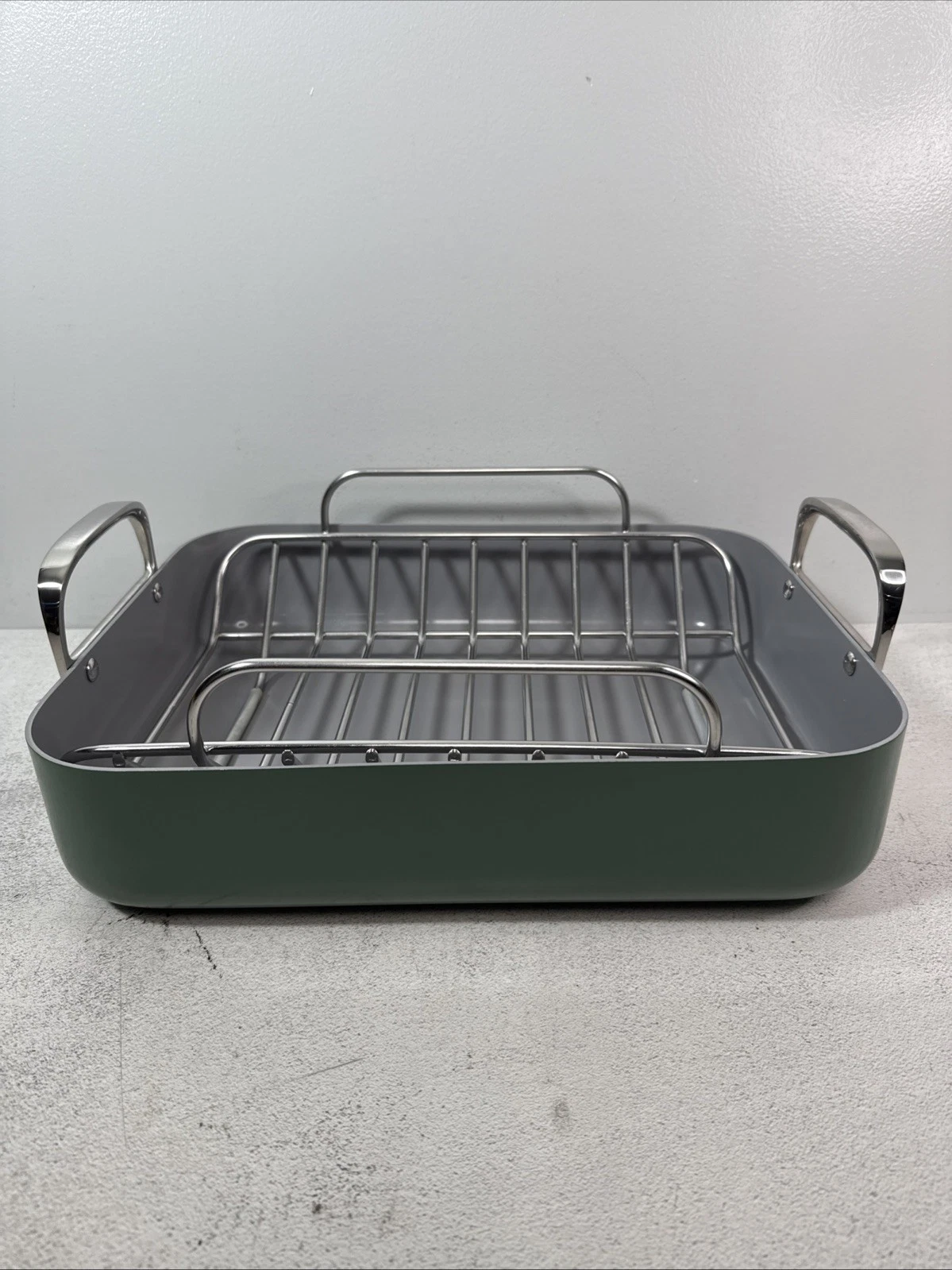 Caraway 16x13 Sage Metal Roasting Pan Non-Stick Eco-Friendly with Wire Rack NEW