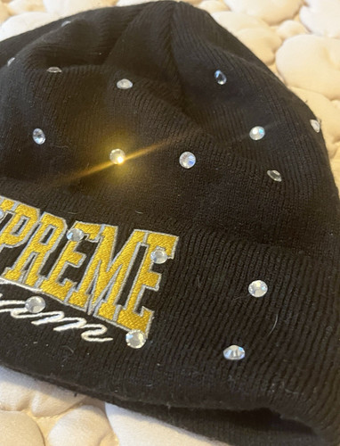 Supreme Black Knit Beanie Rhinestone Embellished Embroidered Beaded Hat