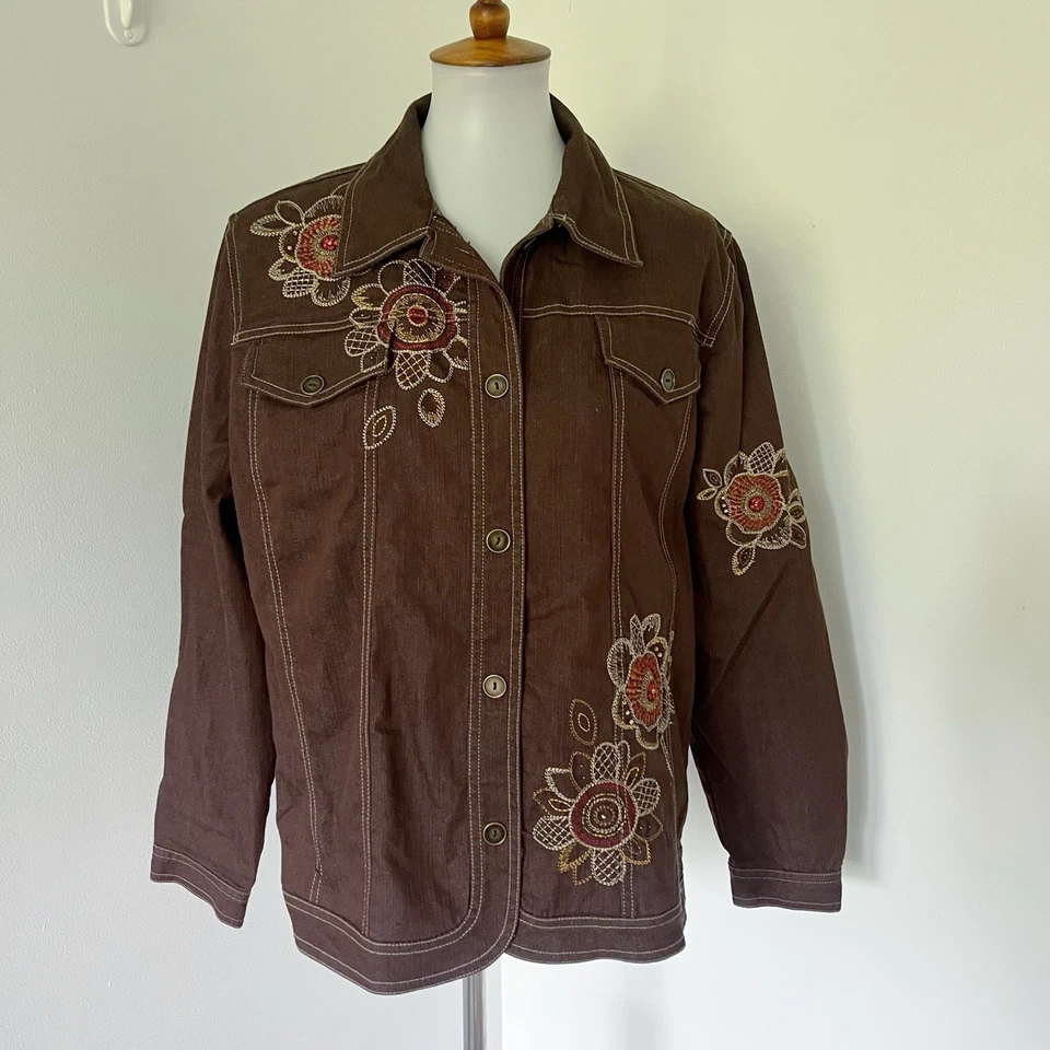Vtg Y2K Jacket Women 16 Brown Floral Embroidered Beaded Boho Festival Cowgirl XL - Image 2 of 4
