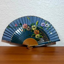 Vintage Hand Painted Floral Folding Fan Blue Wood Fabric Gold Accent