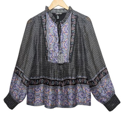 Aqua Floral Peasant Blouse Large Tassel Border Satin Bloomingdales Lined