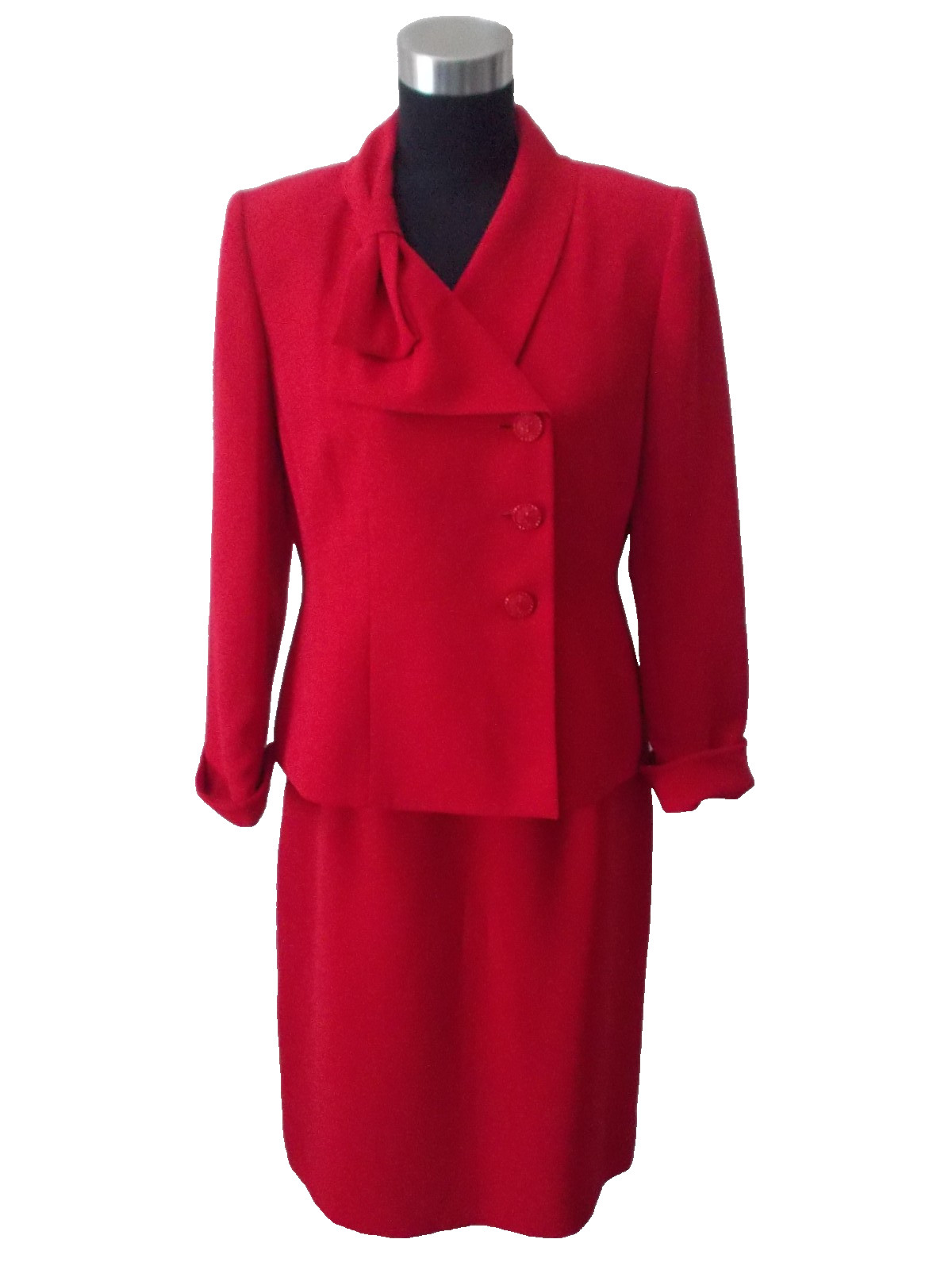LE SUIT Petite Red 2 Pc Jacket & Skirt Suit w/ Bow Detailing Sz 8P