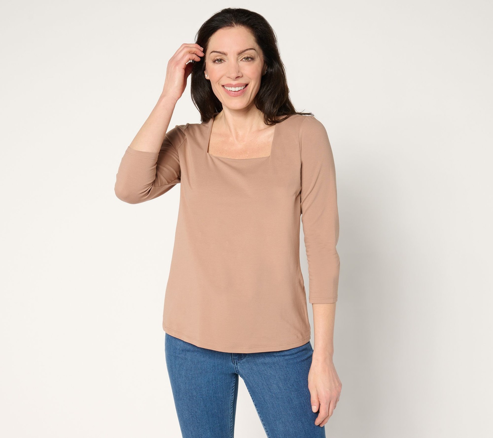 Women with Control Women's Top Sz M Washed Cotton Square Neck Brown A681236