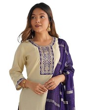 Women's Rayon Viscose Embroidery Straight Kurta Pant With Dupatta Set