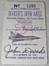Richards-Gebaur Air Force Base Vintage NCO Officer's Open Mess Membership Card