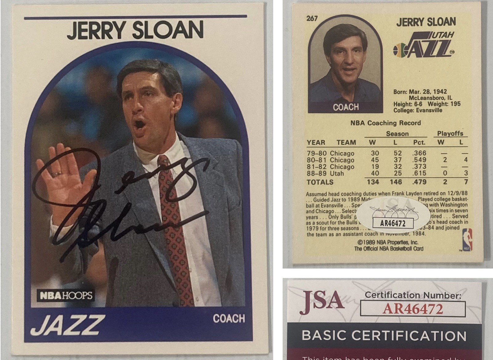 HOF Jazz Coach Jerry Sloan Signed Autograph 1989-90 Hoops - JSA Cert - FREE S&H!