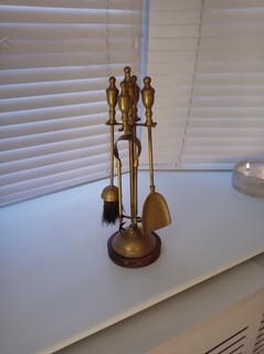 Vintage 5 Piece Solid Brass Fireplace Companion Set Fireside Tool Set w/ Stand