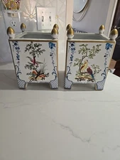 Pair of Chelsea House Porcelain Square Cachepots Hand-Painted Footed Jardinieres