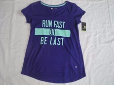 Xersion Ladies V Neck Athletic Tee "Run Fast or be Last" Color Pruple Size Small