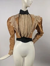 VICTORIAN 19TH C CANVAS COTTON JACKET W LACE INSERT FRONT + TRIMS