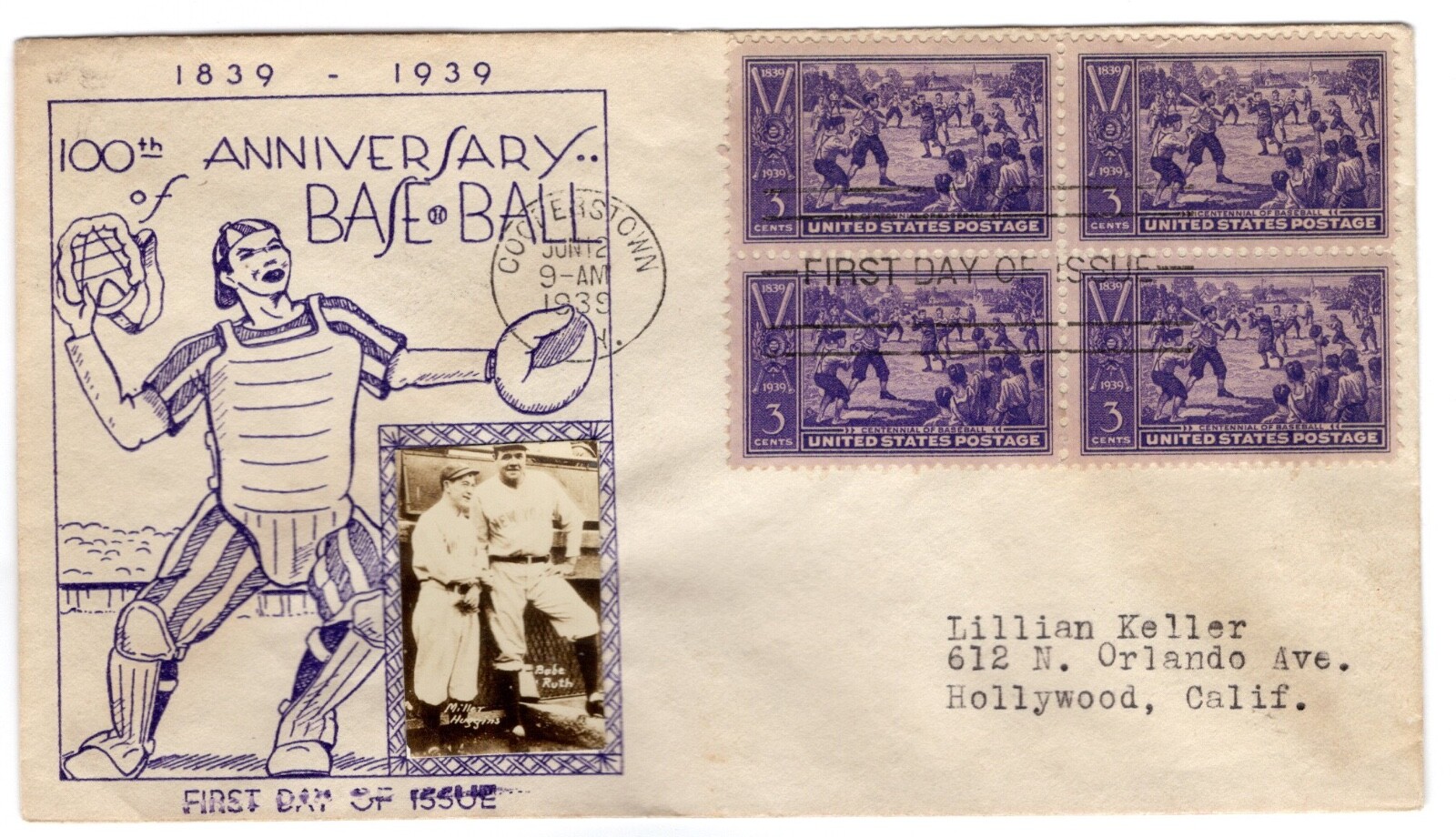 855 Baseball Centennial 1939 FDC Planty 29c Crosby BABE RUTH