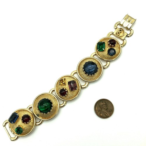 Multicolor Glass Rhinestone Book Chain Bracelet Gold Tone Vintage - Picture 10 of 12