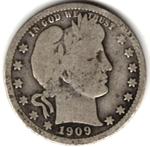 1909 BARBER QUARTER in GOOD + condition ~ FULL RIMS ~ SEE THE SCAN  stk q60