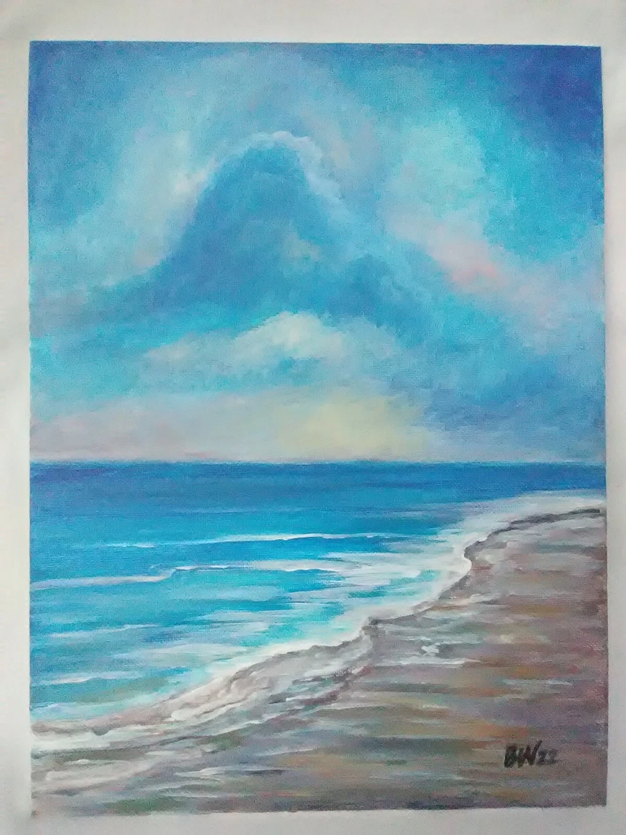 Original Acrylic Painting 9x12 Canvas Beach Ocean Sea Sky Seaside Coastal Art