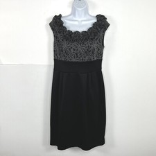 London Times Sheath Dress Sz 10 Black Charcoal Gray Floral Timeless Chic Classic