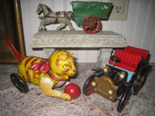 3 VINTAGE Tin Toys Cat with Ball, Horse with Cart, Car with Lever 'as found'