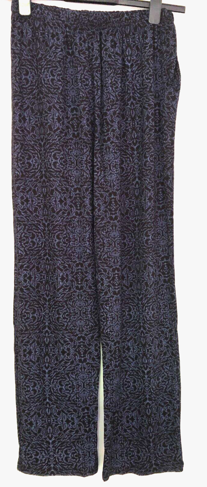 Womens Trousers S/M Black/Blue Patterned Wide Straight Leg Elasticated Waist NWT image 2