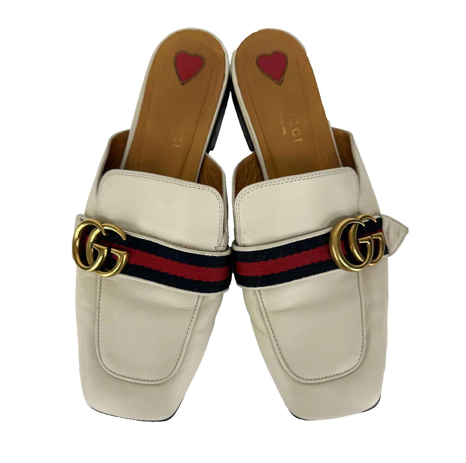 Gucci femmes Auth 7 US 37 EU cuir ivoire toile GG mules pantoufles chaussures plates sac