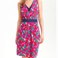Tory Burch 10 Pink Green Tulip Floral Slinky Knit Tie Neck Dress
