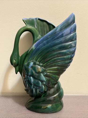 13” Royal Haeger By Royal Hickman Green/Blue Swan Vase c 1930-1950