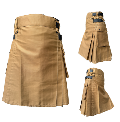 Men's Utility Kilt – Khaki Leather Straps, Adjustable Size 38, Cargo Pockets, 100% Cotton, Sport & Fashion Kilt - View #11