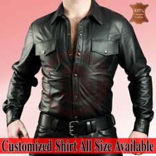 Men's Real Soft Leather Black Police Military Style Shirt Bluf Gay Cuir Schwarz
