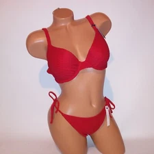 Victoria Secret Swim Bikini Top & Bottom Cheeky Red Push Up Textured String Tie