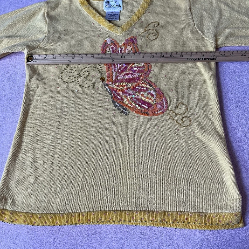 Quacker Factory sz Small Pullover V Neck Sweater Yellow Butterfly Sequins Beads - Image 4 of 4