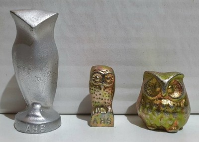 3 Eulen Statuetten ''AHS'' Figuren Owls | Schwermetall ferromagnetisch