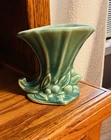 CORNUCOPIA VASE Vintage McCOY ART pottery: Glossy Teal Blue  LEAF & BERRY 4.5” T