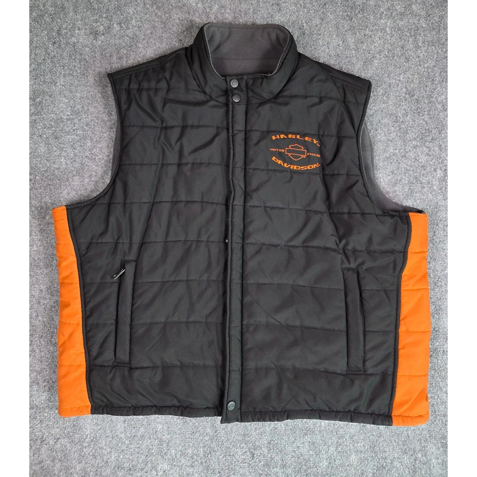 Harley Davidson Reversible Vest Mens 2XL Black Orange Puffer Fleece 97451-07VM