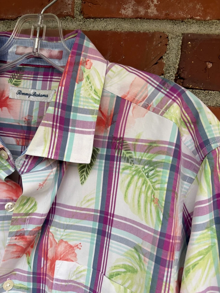 Men's TOMMY BAHAMA Pastel  Floral Plaid Cotton Silk Shirt L Large lknu - Image 2 of 4