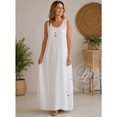 Fine Line White Sleeveless Maxi Dress Embroidered Floral Cottagecore Boho